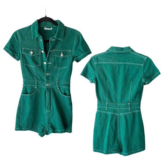 Riley Hubatka x Peppermayo Golden Days Green Denim Utility Short Sleeve Romper 2